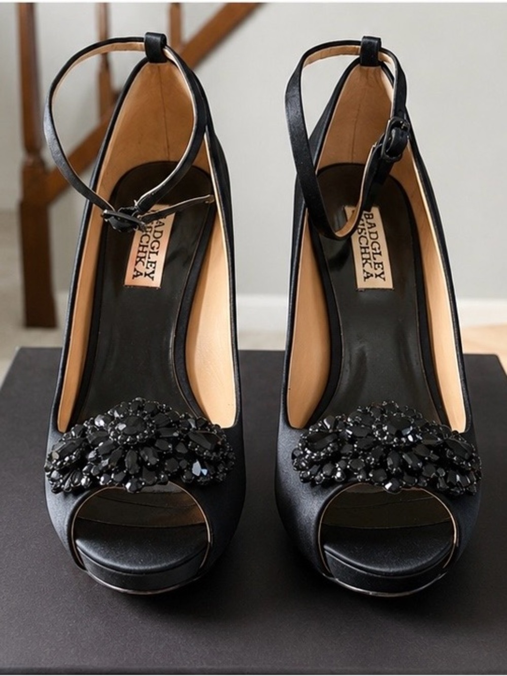 Badgley Mischka Black Jeweled Peep-Toe Ankle-Strap Heels